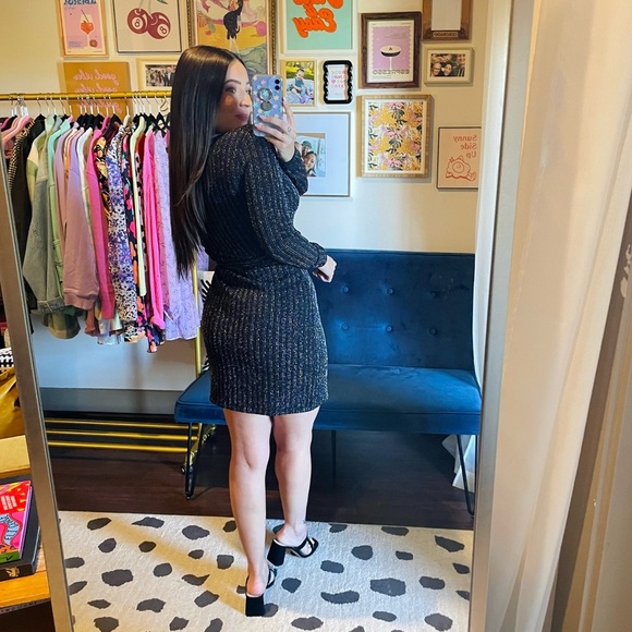 h:ours Cherie Metallic Stripe Long Sleeve Wrap Mini Dress - Picture 9 of 10